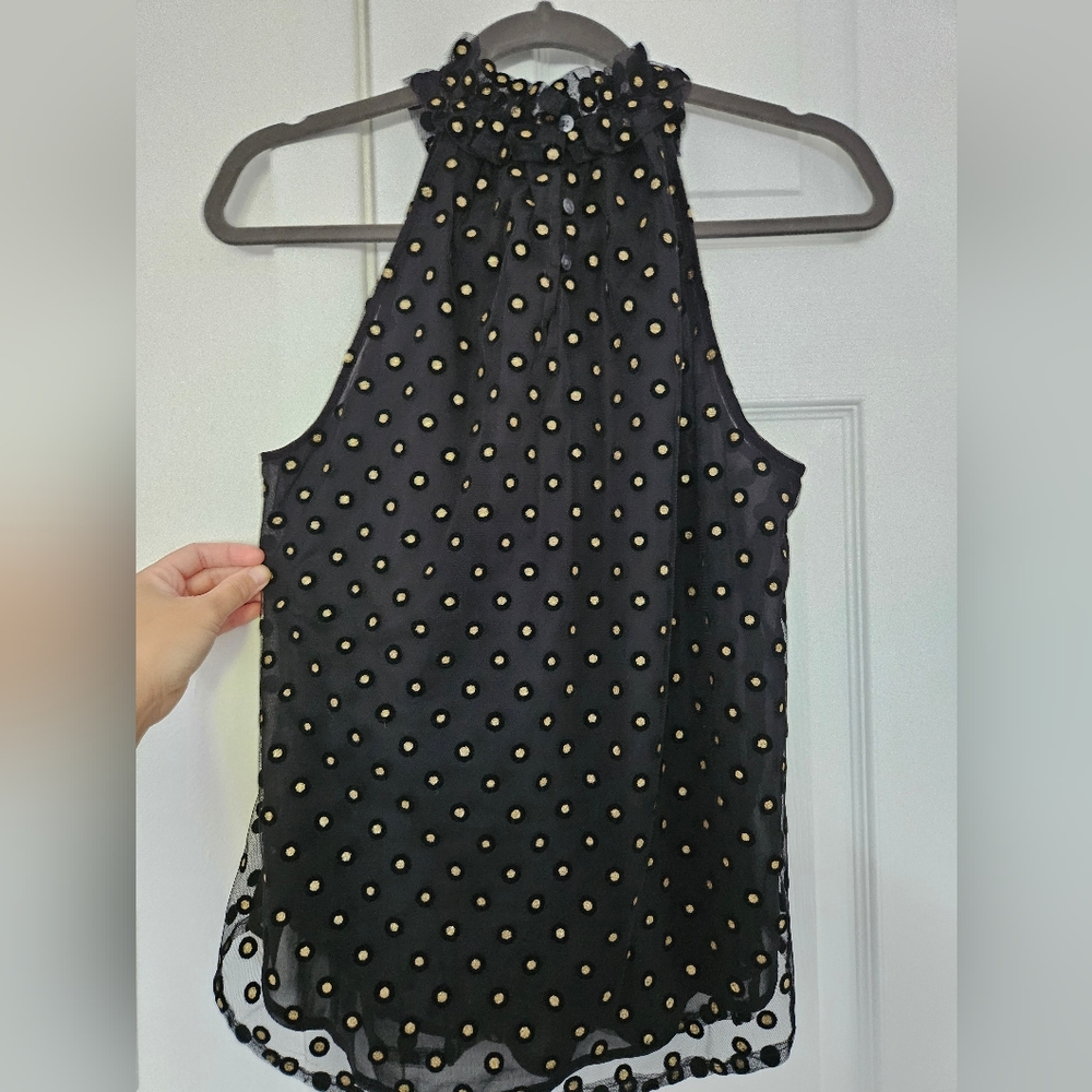 LOFT Black Halter Top with Gold Polka Dots, Size S